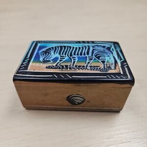 VTG Carved Soapstone Jewelry Trinket Box African Design all sides Zebra on Top